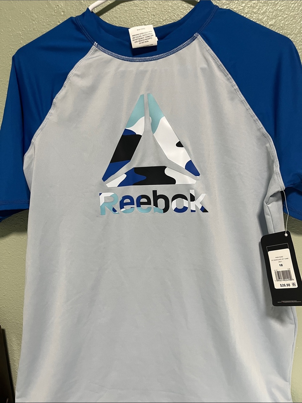 Reebok Men's Light Gray and Royal Blue Raglan Logo Tee